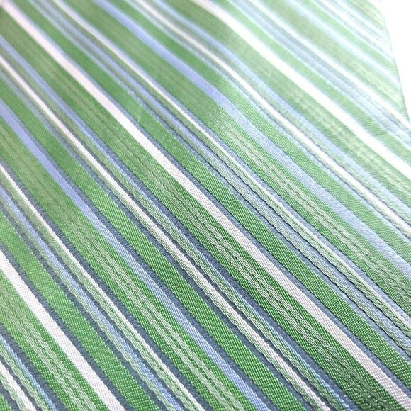 City Of London Green Blue Striped Woven Wide Silk Tie - Picture 2 of 8